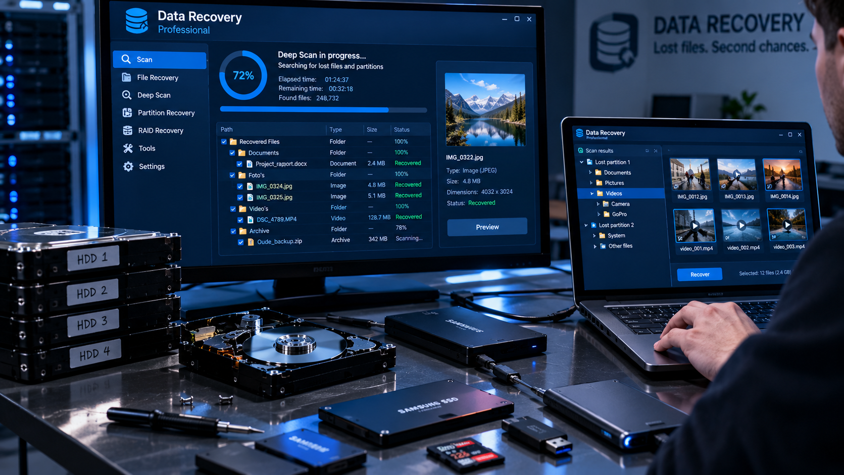 Data recovery software scanning storage media