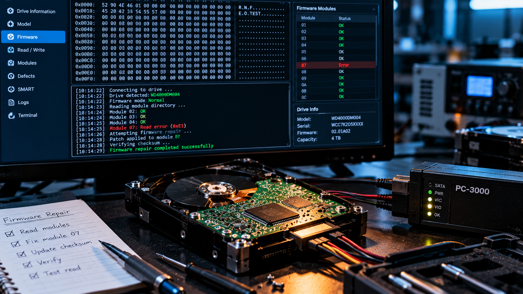 Hard drive firmware diagnosis workstation