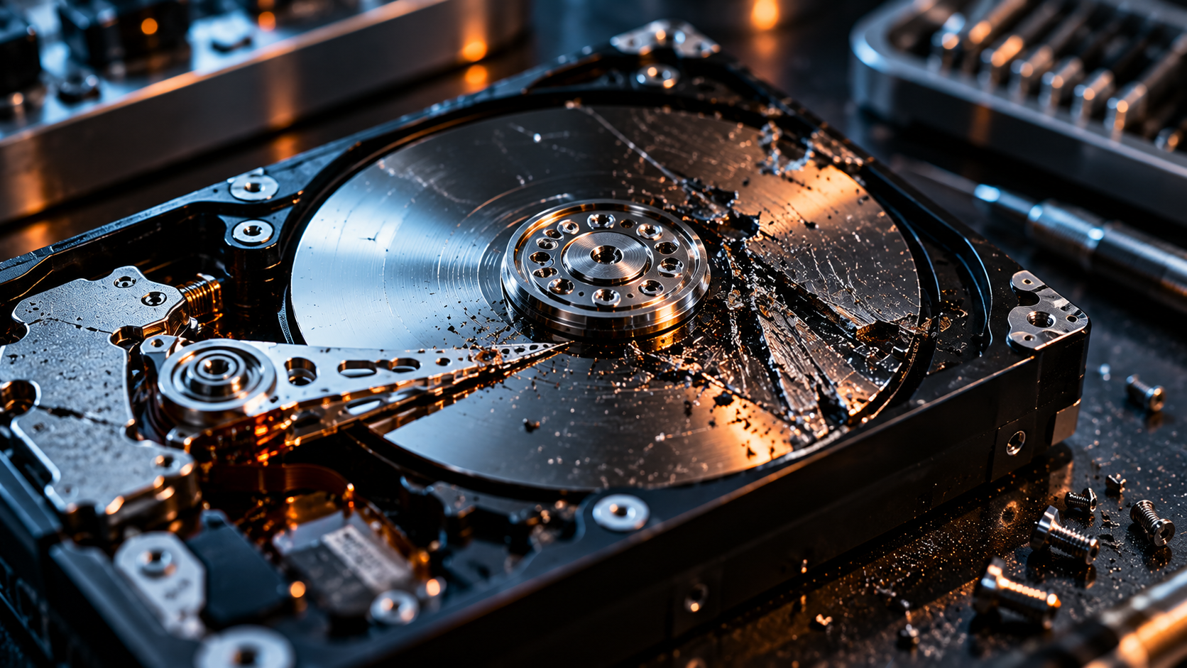 Damaged hard disk drive under examination